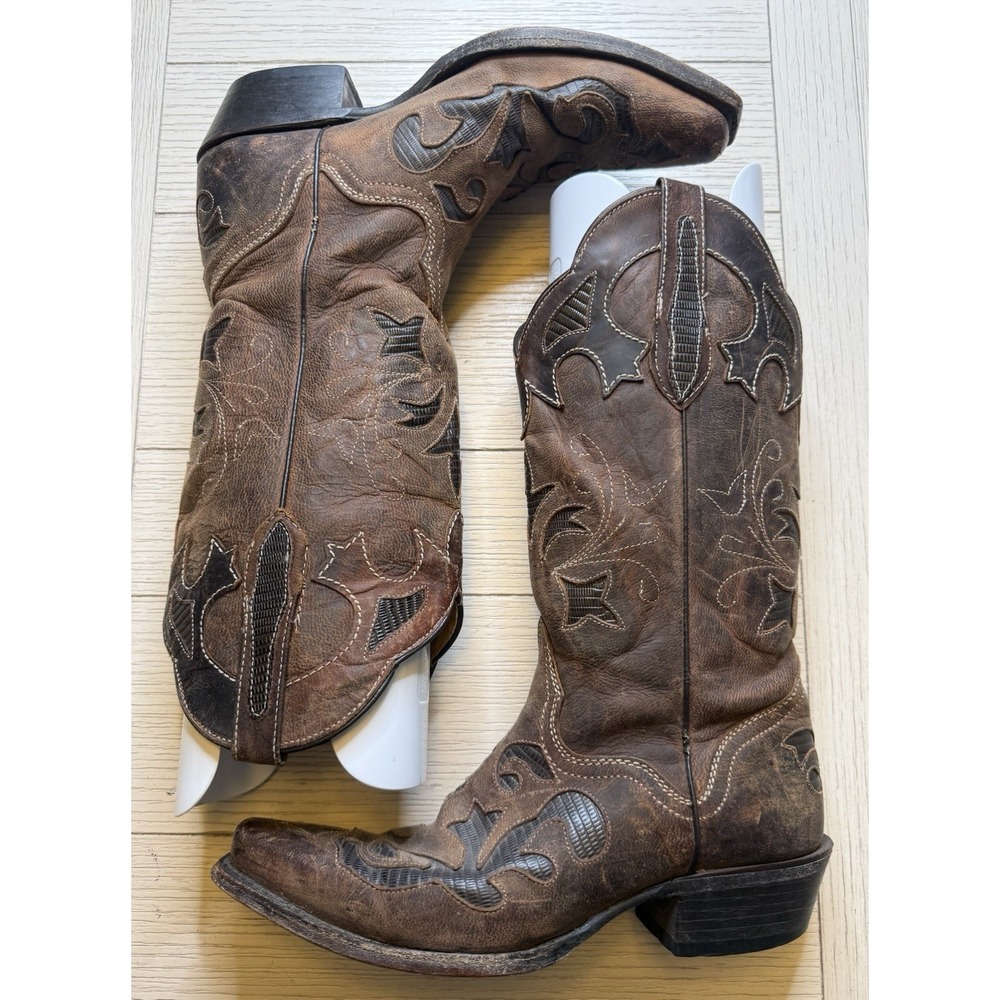 J.B. Dillon Brown‎ Lizard Inlay Goat Leather Cowgirl Western Boots JBW2213 7.5 B